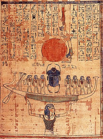 Nun levantando a barca de Rá durante a criação segundo a mitologia egípcia